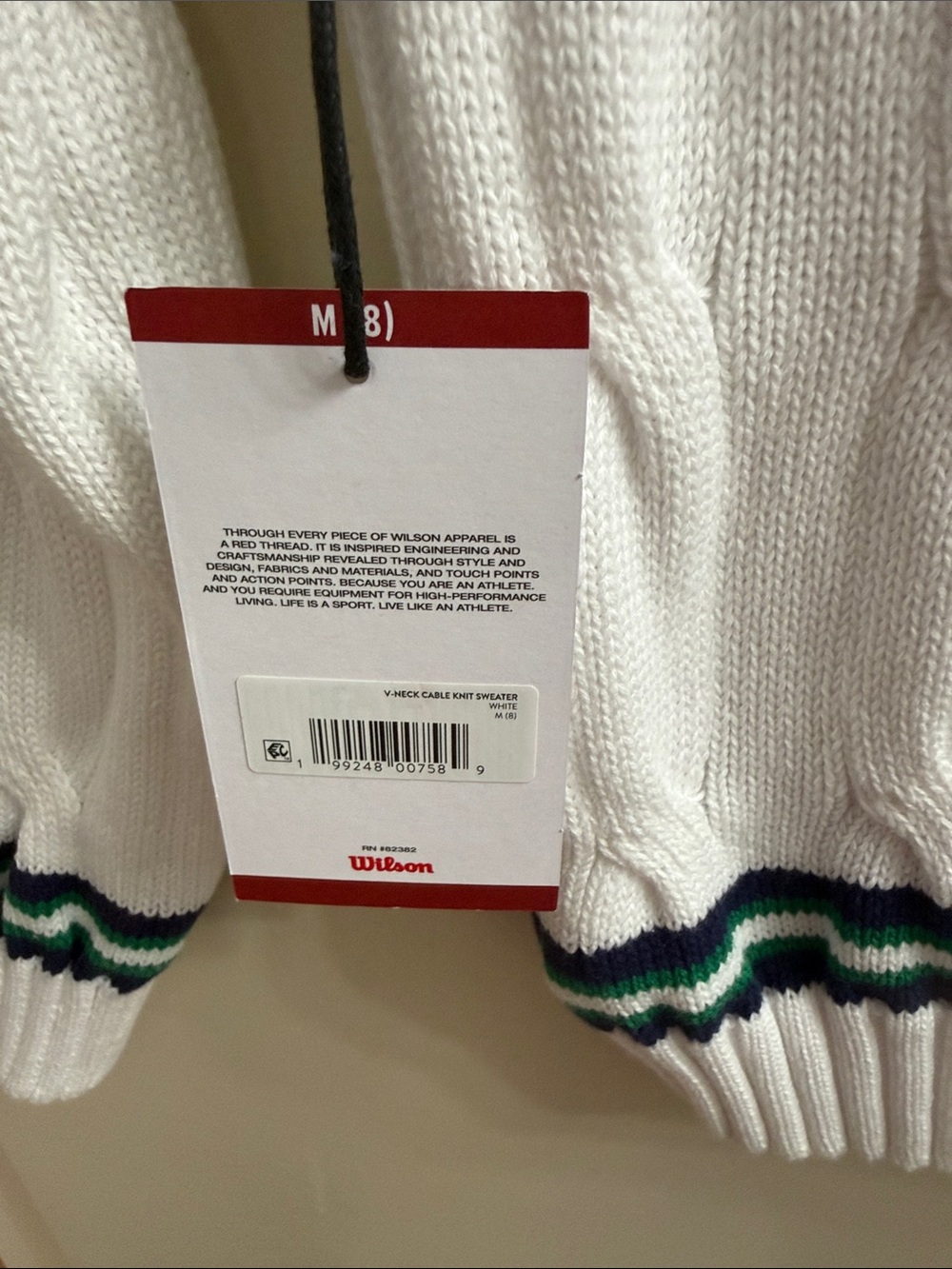 Wilson White Cable-Knit V-Neck Sweater with Green and Navy Trim tennis - Picture 4 of 6